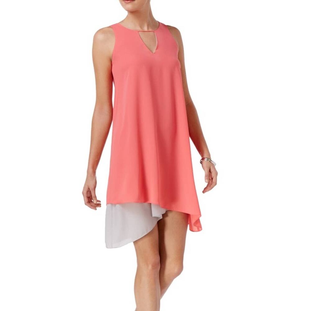 Bar III Asymmetrical Shift Dress Peony Coral Color Block Pullover New Womens Med